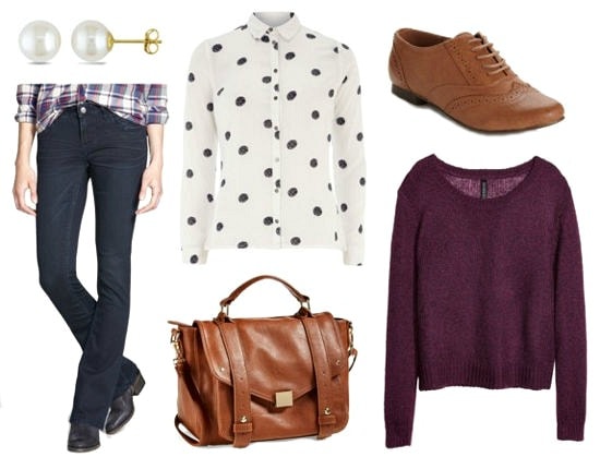 Bootcut jeans polka dot shirt purple sweater look