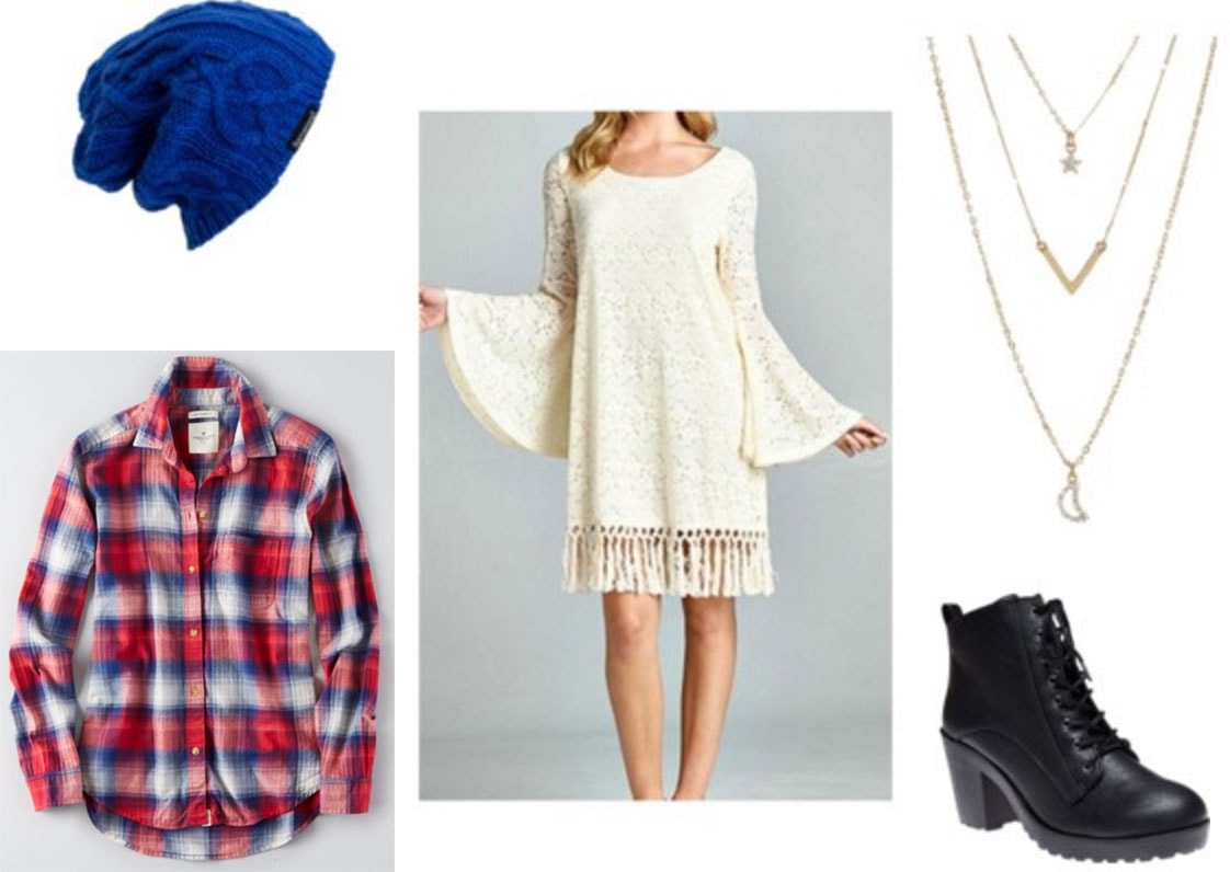 Fashion inspired by Borns Electric Love: Lace dress, cobalt beanie, red and white plaid shirt, ankle booties