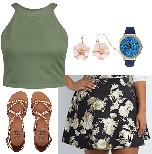 green crop top plus size black floral scuba skater skirt plus size cherry blossom earrings LC Lauren Conrad blue watch studded sandals