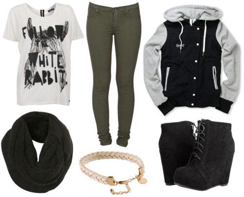 Boy Meets Girl Fall 2011 outfit 1 - Army green pants, graphic tee, wedge ankle booties, letterman jacket, scarf