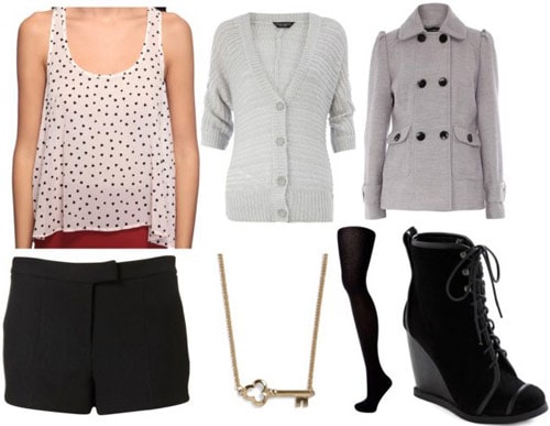 Boy Meets Girl Fall 2011 outfit 3 - Polka dot tank, black shorts, ankle booties, grey cardigan and coat