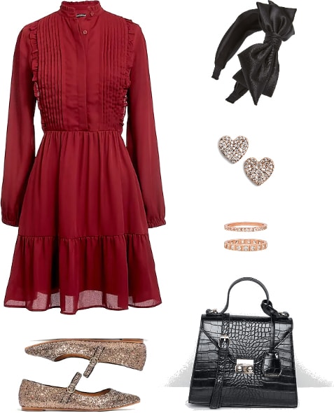 What to wear to Convocation: Long sleeved burgundy dress, black satin headband, glitter flats, heart earrings, top handle purse