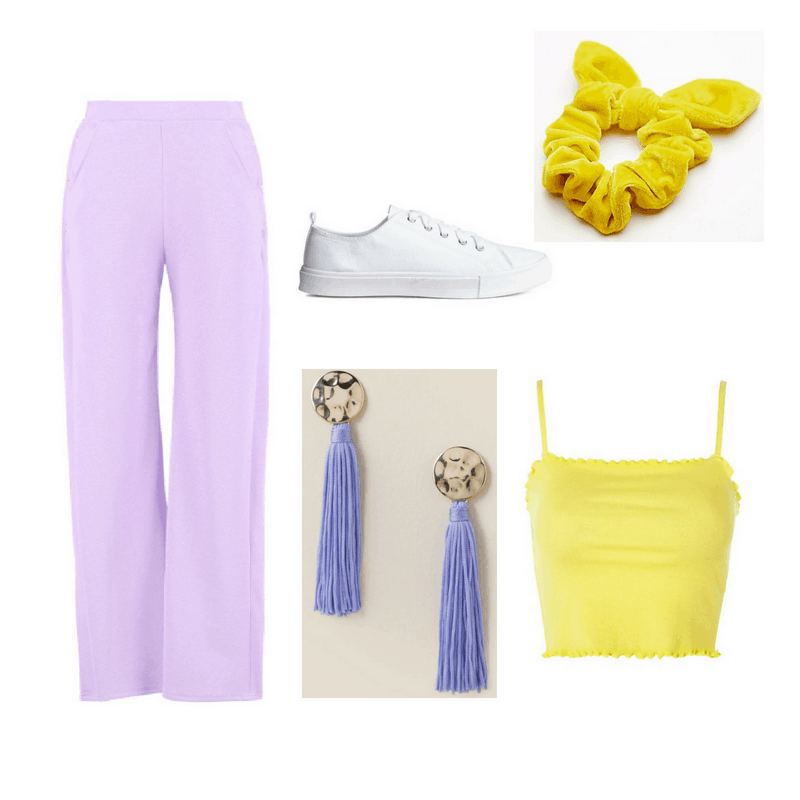 An outfit set of lavender breezy pants, yellow crop top, white sneakers, lavender tassel earrings, and yellow scrunchie.