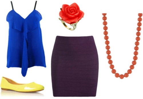 Brightly colored outfit with a blue top, yellow shoes, and a red necklace