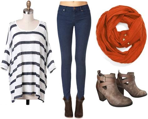 Super Bowl outfit for a Denver Broncos fan: Striped shirt, skinnies, orange scarf, booties