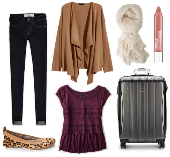 Brown cardigan dark jeans burguny top