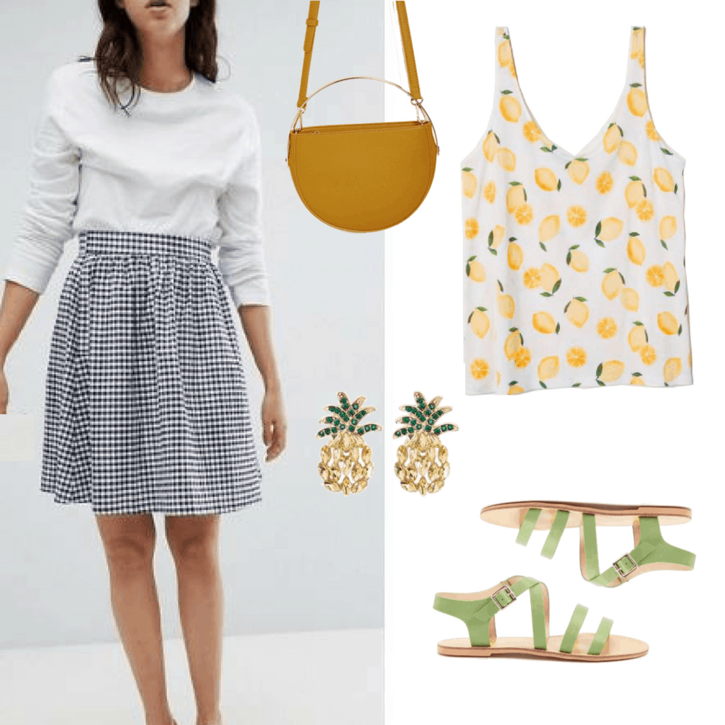 Try this navy gingham A-line skirt and a lemon print tank top. For some extra color, add in green and yellow accessories to accent the yellow lemon and it's green stem. To add some bling, add these adorable pineapple bejeweled earrings as a finishing touch!