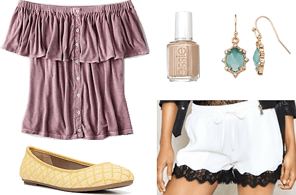 lavender off shoulder top nude nail polish green and gold earrings white scalloped shorts with black lace trim yellow flats