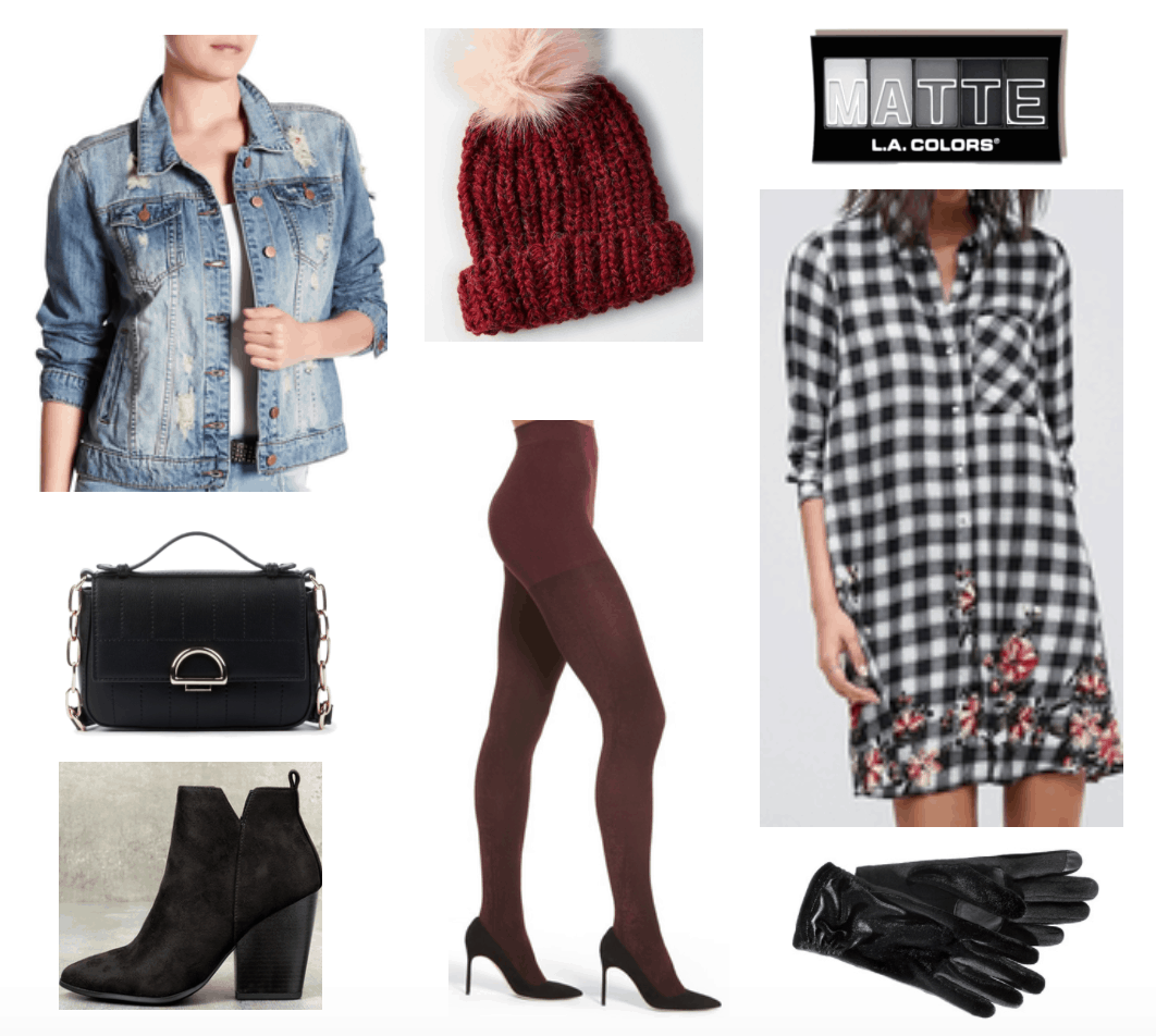 Outfit including burgundy beanie and tights and checkered floral dress.