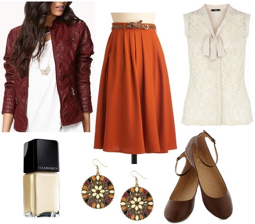 Burgundy jacket, pumpkin skirt, lace blouse