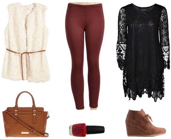 Maroon leggings, lace top, faux fur vest for night out