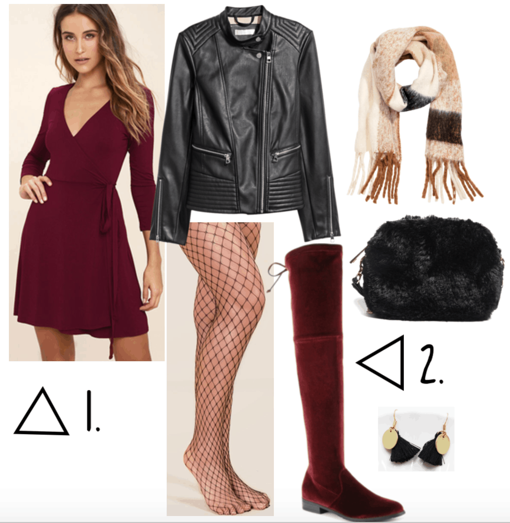 Outfit set including burgundy dress and over the knee boots