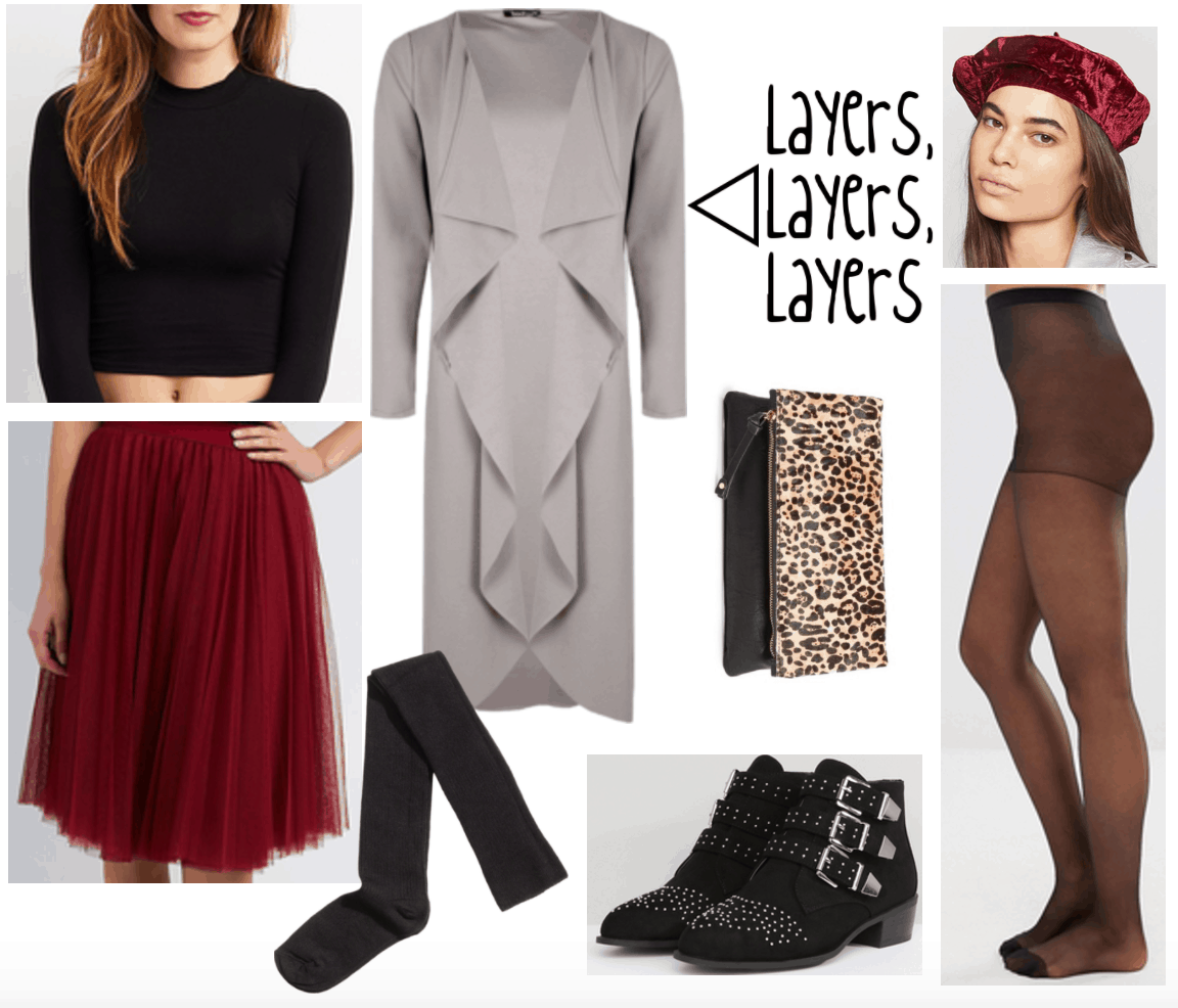 Outfit all about layers including duster, burgundy skirt and beret, tights, socks, booties, etc.