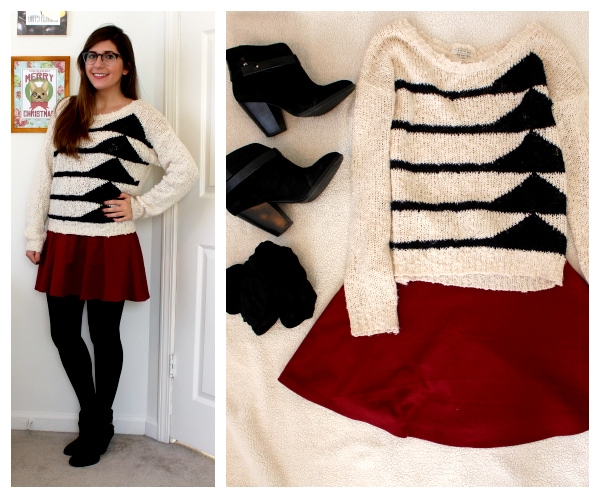 Burgundy-Skirt-Tights-Black-Ankle-Boots-Graphic-Striped-Sweater
