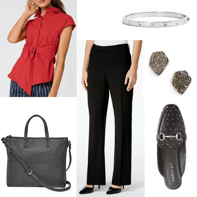 Business casual outfit 1: Black pants, red wrap top, structured tote bag, jeweled bangle, druzy earrings, loafer mules with studs