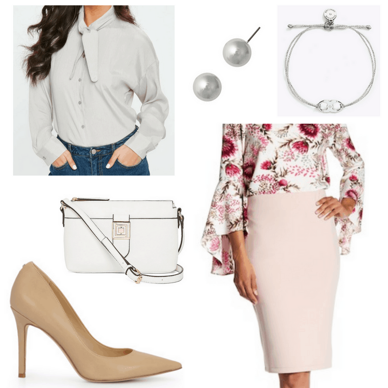 Business casual outfit with rose pink pencil skirt, light gray bow blouse, pearl earrings, Tory Burch bracelet, white crossbody bag, nude pumps