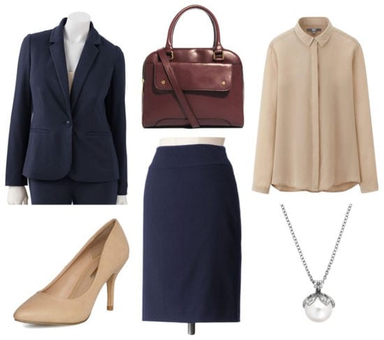 Business formal navy skirt suit