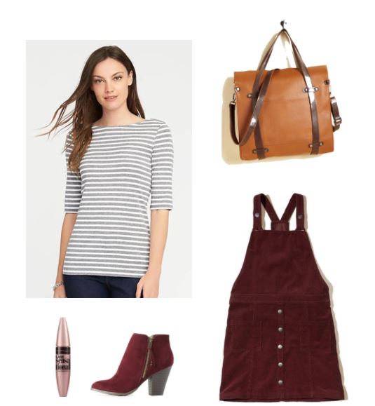 Cute study outfit for a busy day: Striped shirt, burgundy jumper, dark red suede boots, tote bag