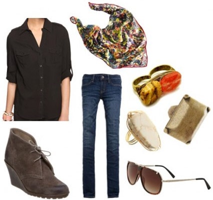 How to wear a black button down shirt with jeans, wedges, and accessories