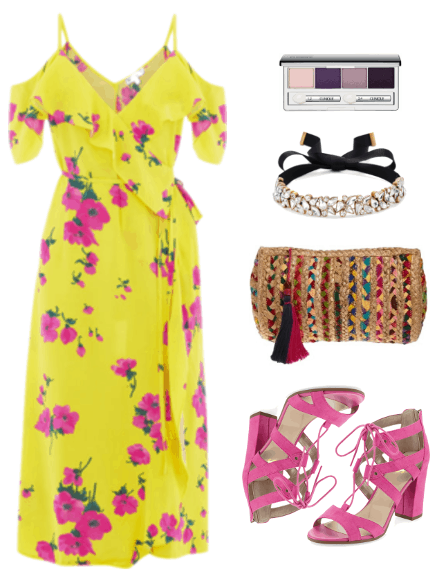 Fashion Inspired by Music Videos: "Feels ft. Pharrell Williams, Katy Perry, and Big Sean," by Calvin Harris--Outfit #1 featuring bright yellow cold-shoulder midi-length dress with bright pink and green floral pattern, ruffle across the top, and tie waist; Clinique All About Shadow Quad Palette in "Going Steady," a set of purple shades; black ribbon choker with clear stones set in gold metal, woven clutch with multi-colored braided stripes and tassel, bright pink strappy lace-up sandals with chunky heel