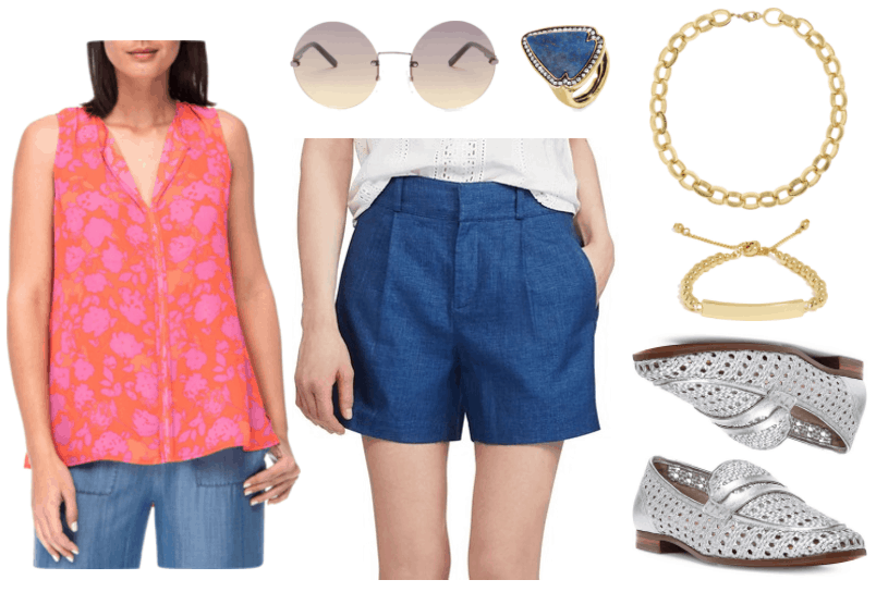 Fashion Inspired by Music Videos: "Feels ft. Pharrell Williams, Katy Perry, and Big Sean," by Calvin Harris--Outfit #2 featuring bright orange sleeveless blouse with neon pink floral print, round rimless sunglasses with mauve-and-pale-orange ombré lenses, gold ring with arrowhead-shaped lapis stone surrounded by clear stones, blue shorts, gold chain-link collar necklace, adjustable gold bar bracelet with round beads, silver woven loafers