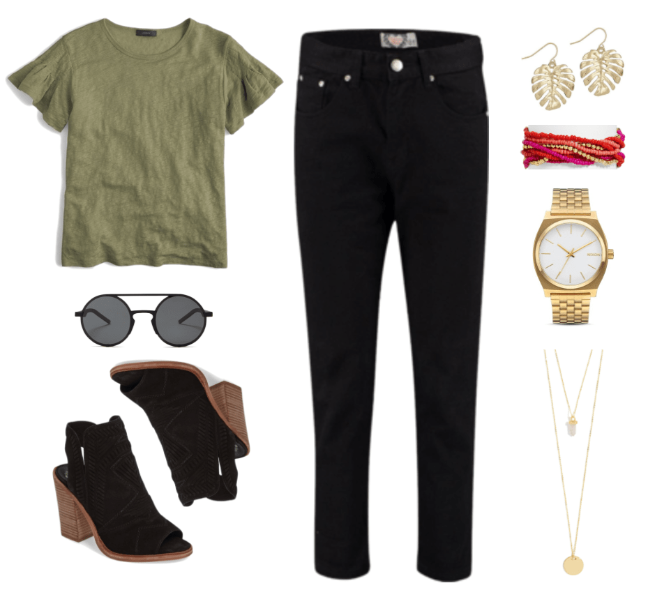 Fashion Inspired by Music Videos: "Feels ft. Pharrell Williams, Katy Perry, and Big Sean," by Calvin Harris--Outfit #3 featuring khaki-green short-sleeved flutter-sleeve t-shirt, round matte black sunglasses with dark gray lenses and brow bar, black peep-toe ankle boots with chunky wooden heel, high-waisted black boyfriend jeans, gold palm leaf drop earrings, red, coral, fuchsia, and gold twisted multi-strand beaded bracelet; gold watch, gold double-layer long necklace with rose quartz pendant and gold disc