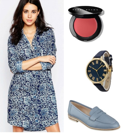 Outfit inspired by Cam from Modern Family: Paisley dress, blush, watch, blue loafers