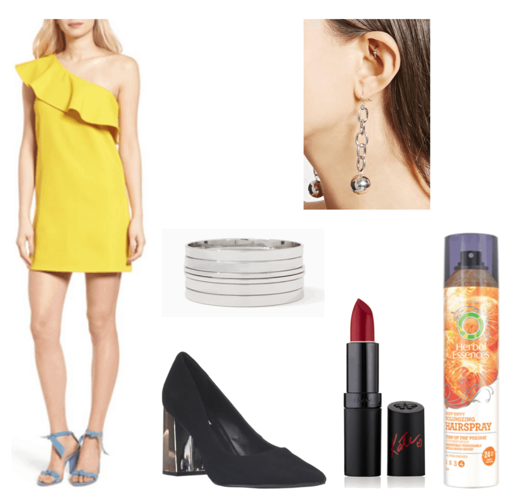 Camila Cabello Havana outfit 1: Yellow dress, black heels, bangle bracelet, lipstick, hairspray, earrings