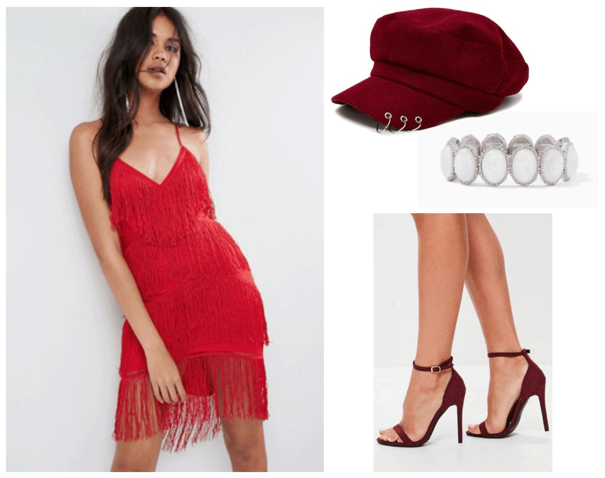 Camila Cabello Havana outfit 2: Red fringe dress, dark red cap, burgundy strappy heels, bracelet