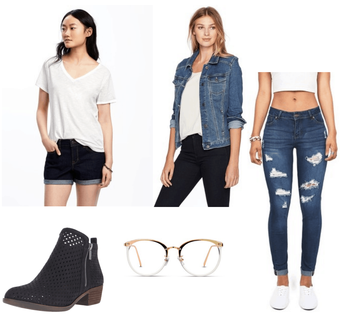 Camila Cabello Havana Outfit 3: Ripped jeans, white tee shirt, denim jacket, ankle boots, clear glasses