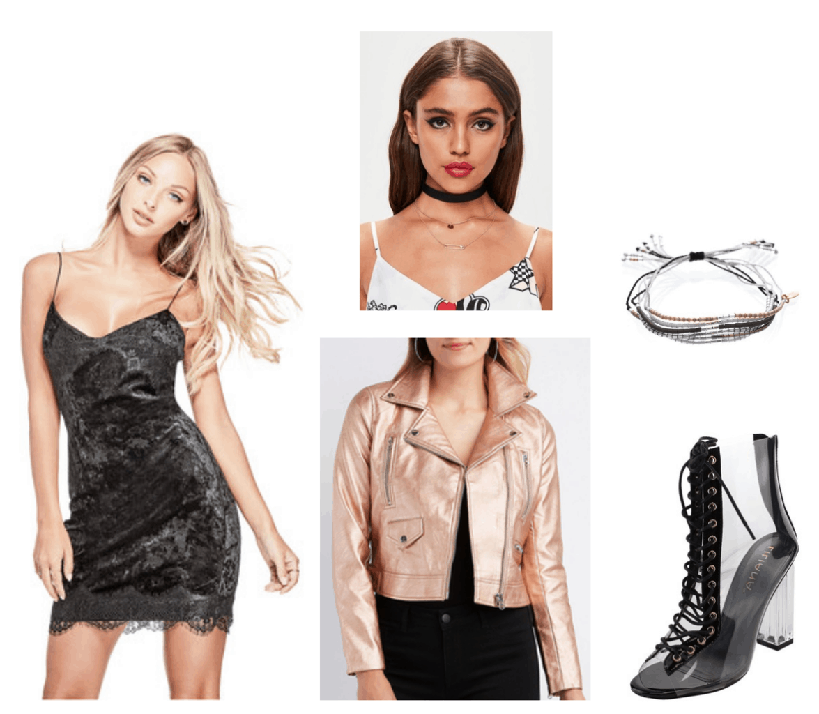 Camila Cabello Havana outfit 4: Black velvet and lace dress, pink rose gold metallic bomber jacket, lace-up clear heels, wrap bracelets, black choker