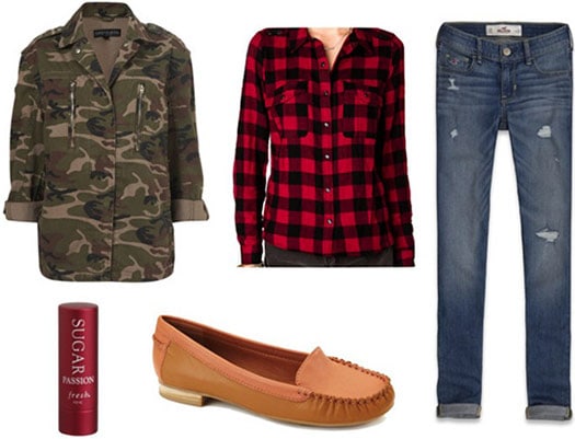 How to wear a camo print jacket - skinnies, plaid shirt, loafers