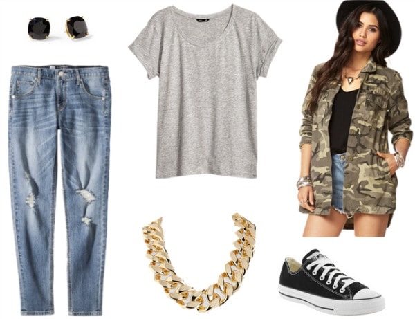 Camo jacket, boyfriend jeans, gray tee, converse