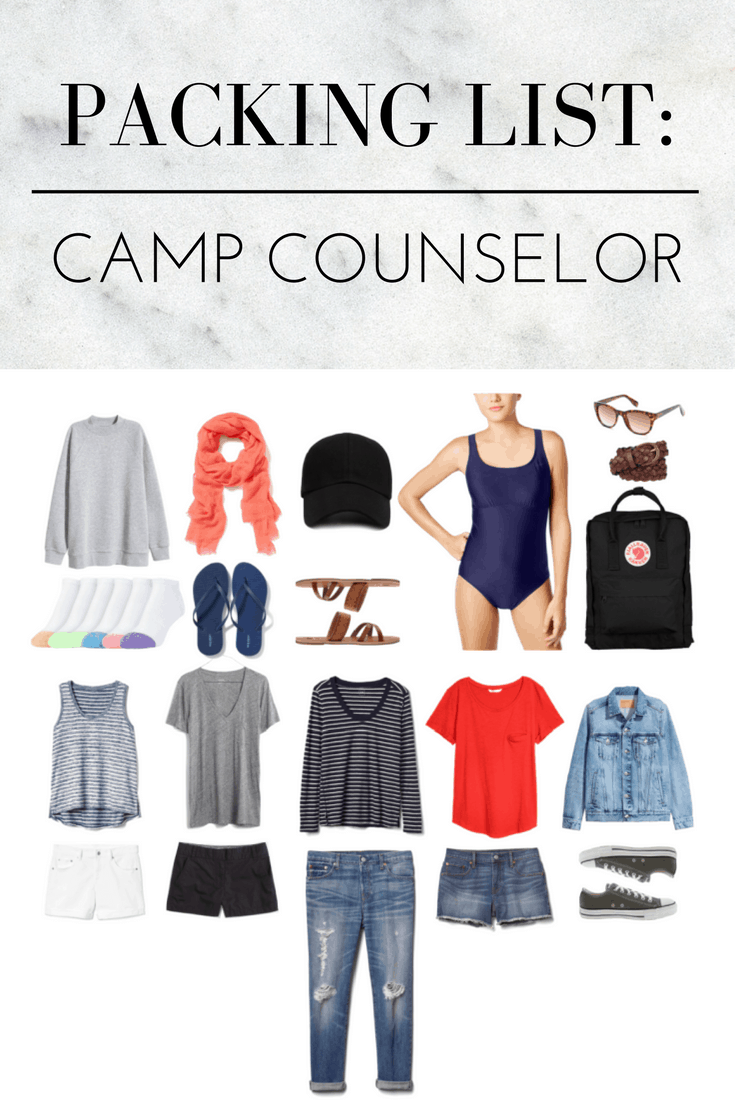 Camp counselor packing list: What to pack if you're a summer camp counselor. Capsule wardrobe includes: Sweatshirt, Socks, Scarf, Flip Flops, Baseball Cap, Sandals, Swimsuit, Sunglasses, Belt, Backpack, Tank, White Denim Shorts, Gray T-Shirt, Black Chino Shorts, Long-Sleeved T-Shirt, Jeans, Red T-Shirt, Blue Denim Shorts, Denim Jacket, Sneakers