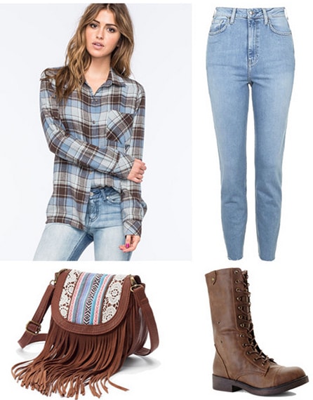 Campus office assistant outfit 1: Jeans, flannel shirt, cross-body bag, boots