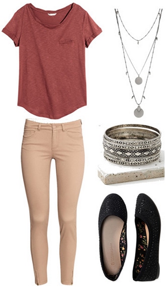 Campus office assistant outfit 2: Skinny khakis, flats, jewelry, tee