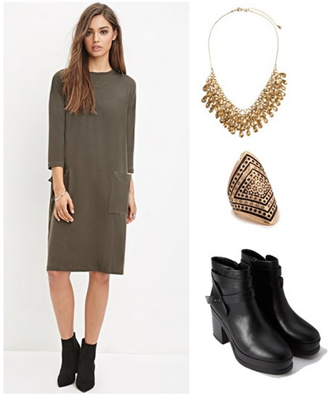 Campus office assistant outfit 3 - T-shirt dress, boots, jewelry