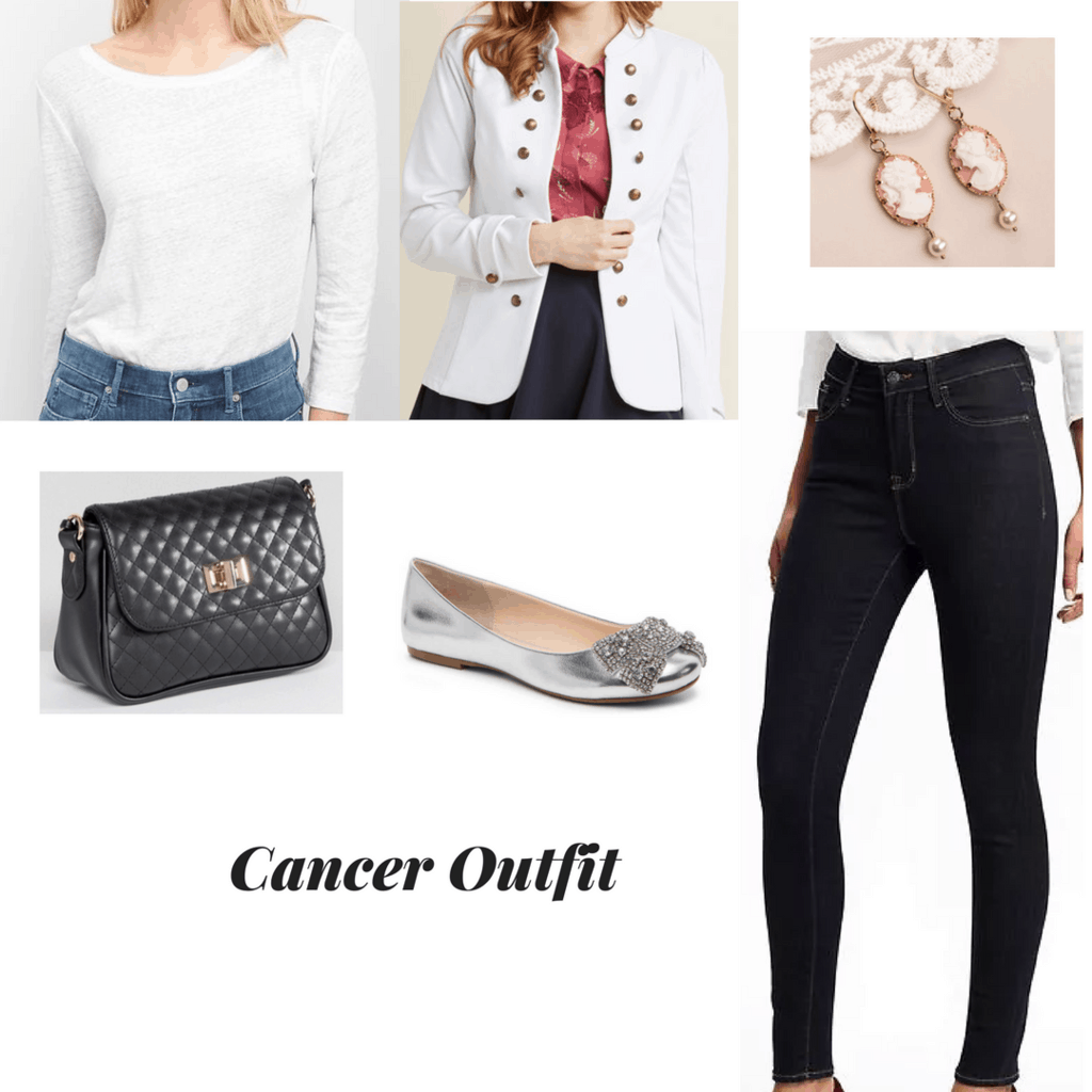 Cancer inspired outfit with a pale linen top, white blazer, dark blue skinny jeans, Betsey Johnson bow flats, quilted chain bag, and cameo earrings