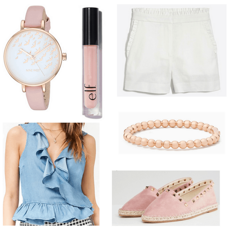 White shorts, demin top, pink watch lip gloss, espadrilles and bracelet.