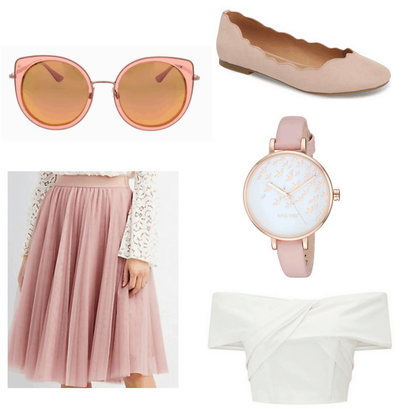 White top, pink tulle skirt, watch, sunglasses and ballet flats.