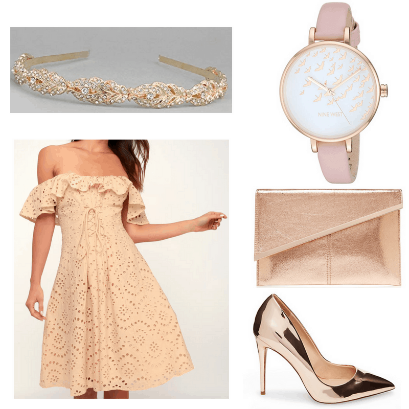 Peach dress, rose gold heels and clutch, pink watch and gold headband.