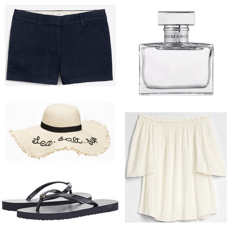 White perfume, sunhat and top, navy shorts and flip flops.