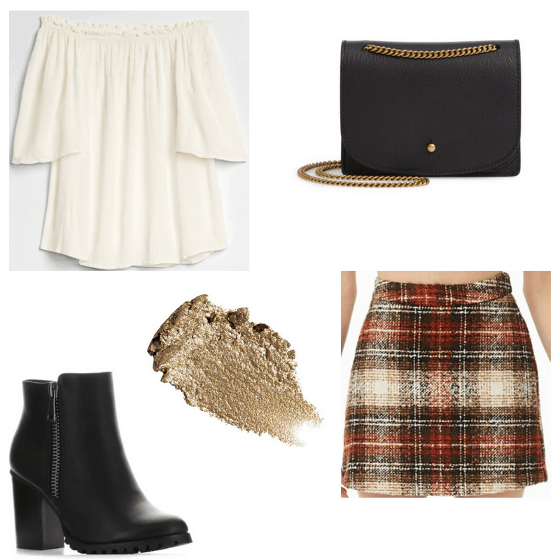 Plaid skirt, white top, gold eyeshadow, black boots and crossbody bag.