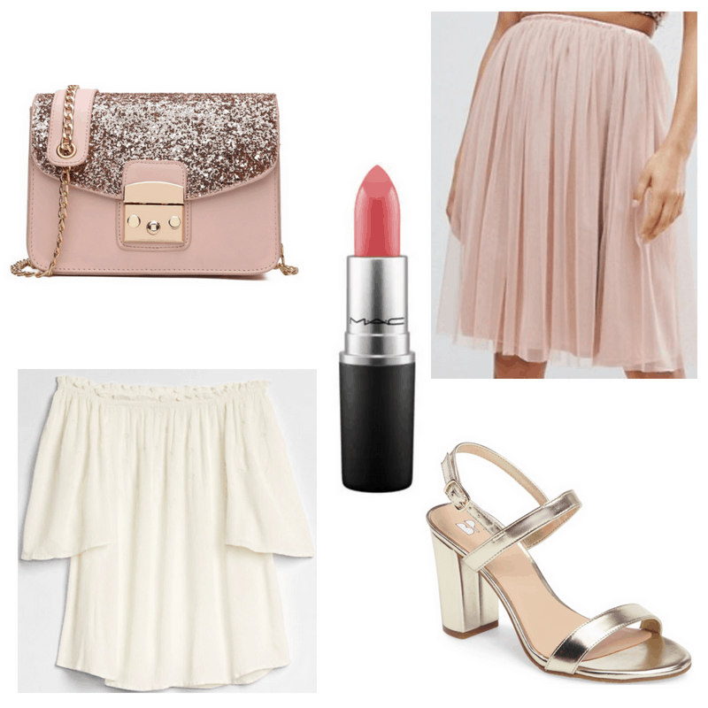 White top, gold heels, pink bag, skirt and lipstick.