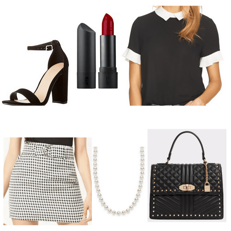 Pearl necklace, red lipstick, black top, skirt, heels and bag.