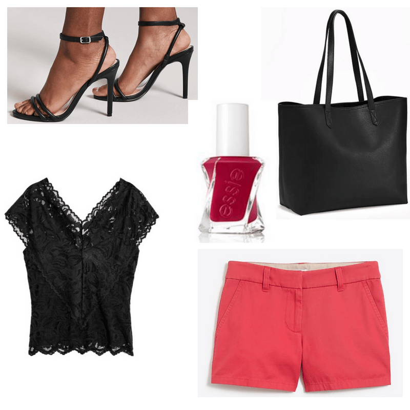 Red shorts and nail polish, black top, heels and handbag.