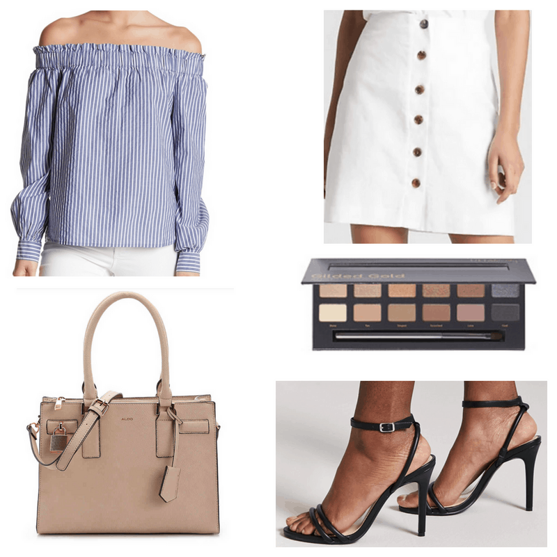 Blue top, black heels, white skirt, beige handbag and nude eyeshadow palette.