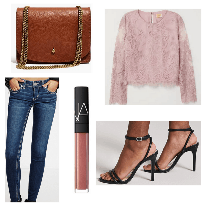 Pink top and lip gloss, blue jeans, brown bag and black heels.