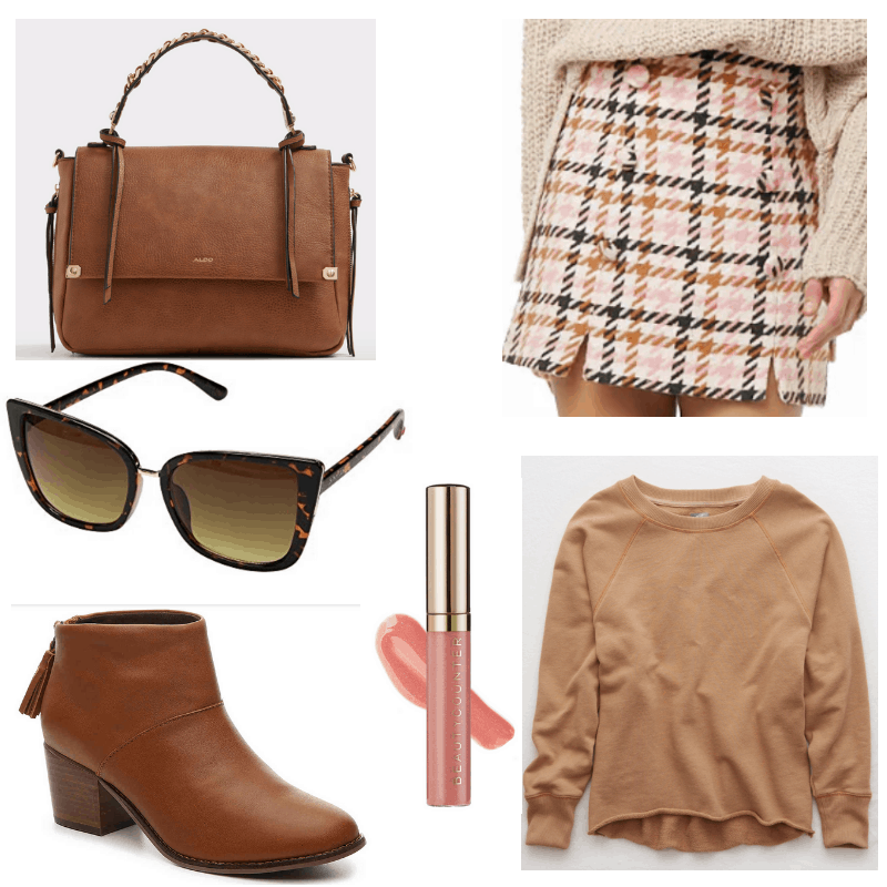 Pink skirt and lip gloss, brown sunglasses, handbag, boots and sweater.
