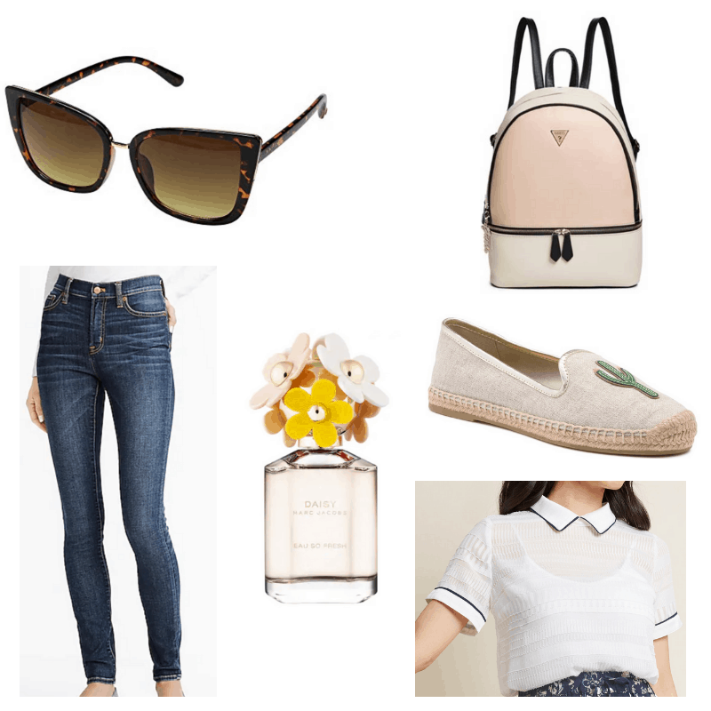 Blue jeans, white blouse, brown sunglasses, off white espadrilles, daisy perfume and pink backpack
